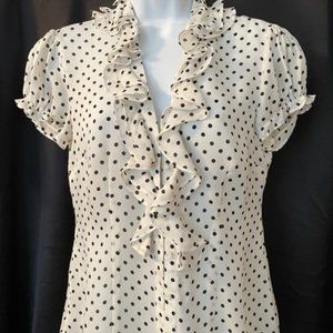 Silk blouse w/ ruffle neck- sleeves, polka dot